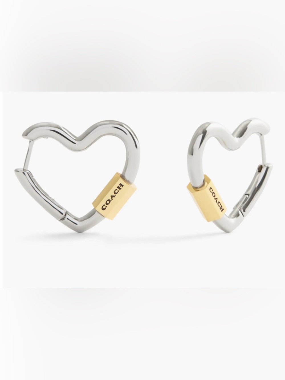 NWT COACH 2024 collection  Silver-Tone Heart Hoop Earrings with Gold Plaque - Picture 5 of 8